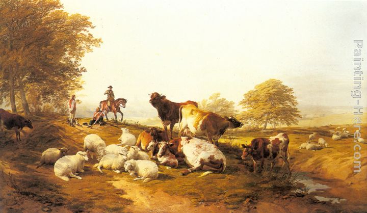 Cattle and Sheep Resting in an Extensive Landscape painting - Thomas Sidney Cooper Cattle and Sheep Resting in an Extensive Landscape art painting
